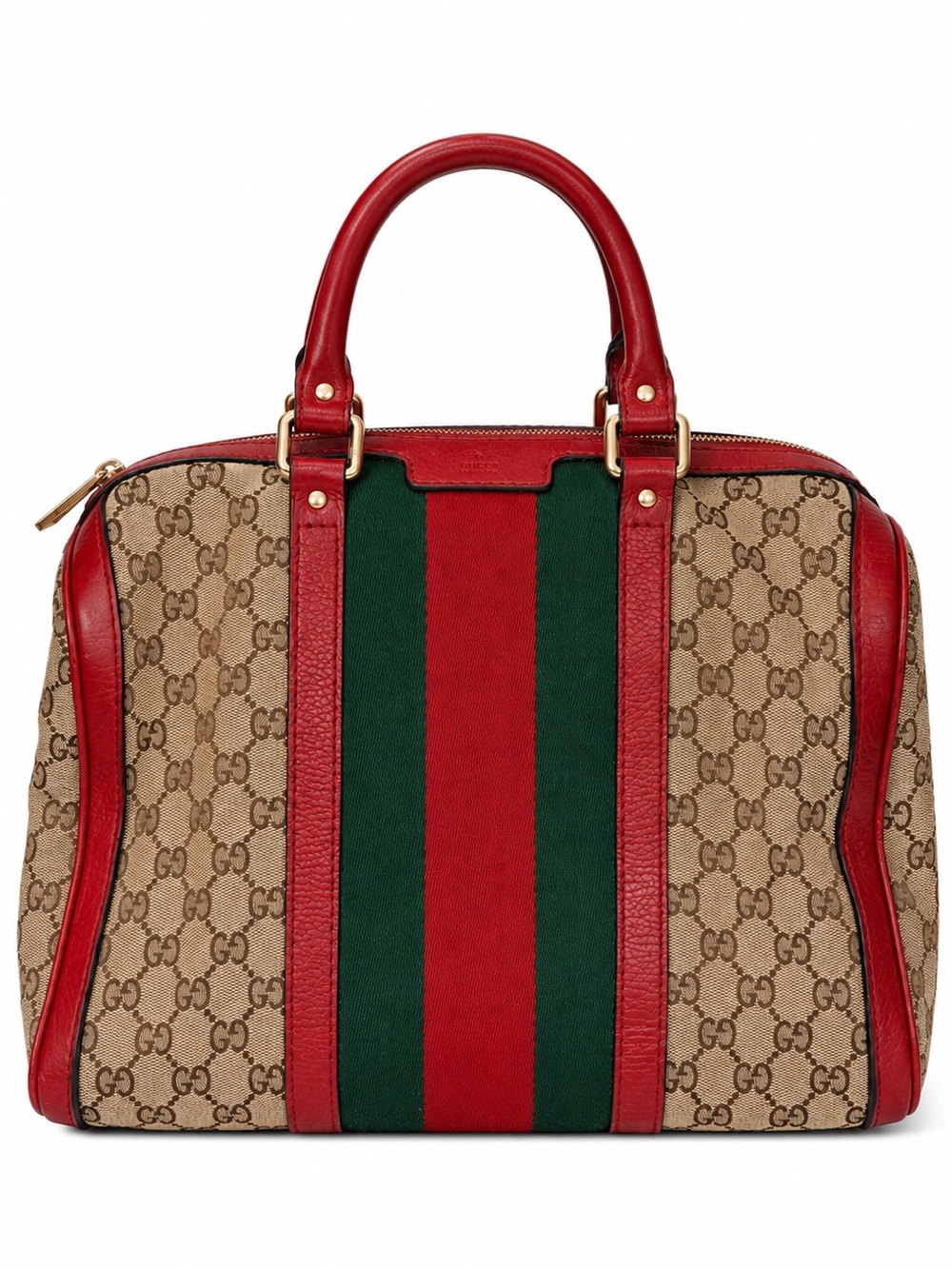 Gucci Beige GG Supreme Canvas Satchel with Red Leather & Green Web Stripe